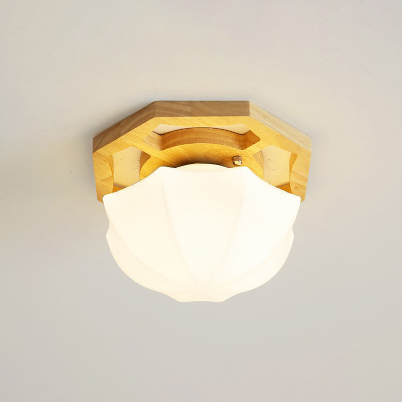 Small Aisle Ceiling Flush Light White Glass 1 Head Nordic Semi Mount Lighting in Wood White D Clearhalo 'Ceiling Lights' 'Close To Ceiling Lights' 'Close to ceiling' 'Glass shade' 'Glass' 'Semi-flushmount' Lighting' 2293702