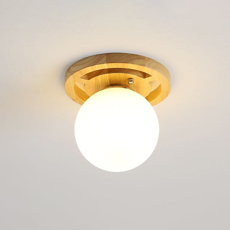 Small Aisle Ceiling Flush Light White Glass 1 Head Nordic Semi Mount Lighting in Wood White E Clearhalo 'Ceiling Lights' 'Close To Ceiling Lights' 'Close to ceiling' 'Glass shade' 'Glass' 'Semi-flushmount' Lighting' 2293710