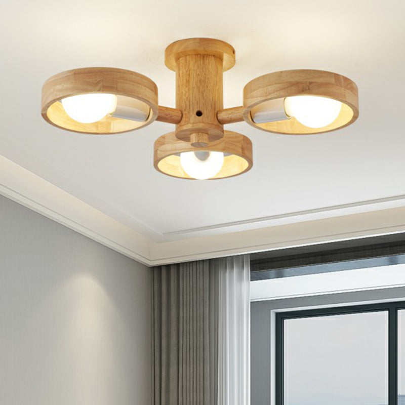 Ring Shaped Semi Flush Chandelier Simplicity Wooden Bedroom Flush Mount Ceiling Light 3 Wood Clearhalo 'Ceiling Lights' 'Close To Ceiling Lights' 'Close to ceiling' 'Semi-flushmount' Lighting' 2293711