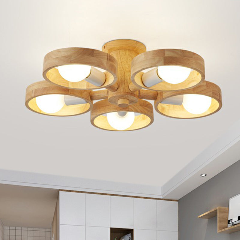 Ring Shaped Semi Flush Chandelier Simplicity Wooden Bedroom Flush Mount Ceiling Light 5 Wood Clearhalo 'Ceiling Lights' 'Close To Ceiling Lights' 'Close to ceiling' 'Semi-flushmount' Lighting' 2293712