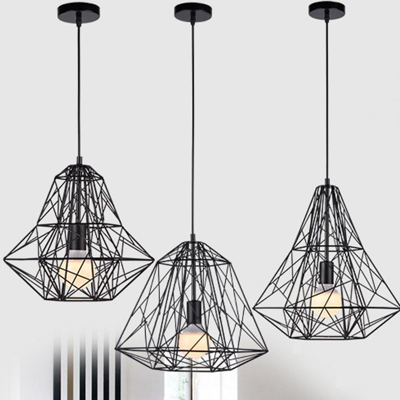 Iron Wire Diamond Pendant Lamp Loft Style 1 Bulb Restaurant Ceiling Hang Light in Black Clearhalo 'Art Deco Pendants' 'Black' 'Cast Iron' 'Ceiling Lights' 'Ceramic' 'Crystal' 'Industrial Pendants' 'Industrial' 'Metal' 'Middle Century Pendants' 'Pendant Lights' 'Pendants' 'Rustic Pendants' 'Tiffany' Lighting' 2294040