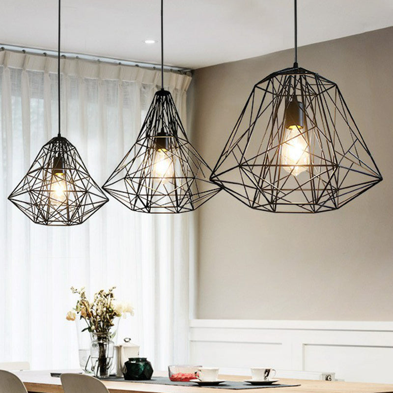 Iron Wire Diamond Pendant Lamp Loft Style 1 Bulb Restaurant Ceiling Hang Light in Black Clearhalo 'Art Deco Pendants' 'Black' 'Cast Iron' 'Ceiling Lights' 'Ceramic' 'Crystal' 'Industrial Pendants' 'Industrial' 'Metal' 'Middle Century Pendants' 'Pendant Lights' 'Pendants' 'Rustic Pendants' 'Tiffany' Lighting' 2294041