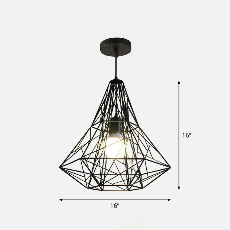 Iron Wire Diamond Pendant Lamp Loft Style 1 Bulb Restaurant Ceiling Hang Light in Black Black A Clearhalo 'Art Deco Pendants' 'Black' 'Cast Iron' 'Ceiling Lights' 'Ceramic' 'Crystal' 'Industrial Pendants' 'Industrial' 'Metal' 'Middle Century Pendants' 'Pendant Lights' 'Pendants' 'Rustic Pendants' 'Tiffany' Lighting' 2294044