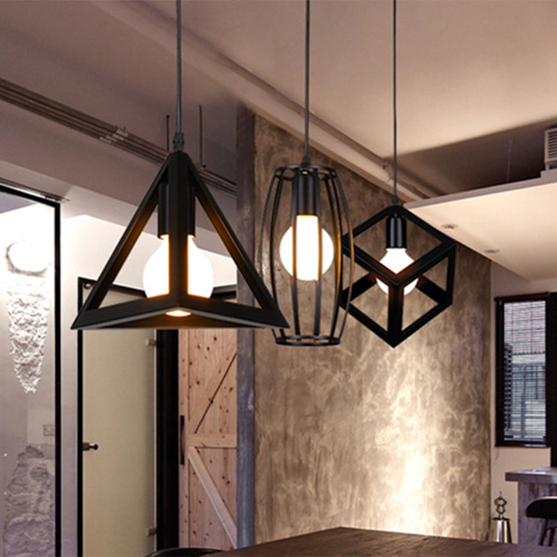 Vintage Geometric Pendant Ceiling Light Single-Bulb Metal Suspension Lamp in Black Black Clearhalo 'Art Deco Pendants' 'Black' 'Cast Iron' 'Ceiling Lights' 'Ceramic' 'Crystal' 'Industrial Pendants' 'Industrial' 'Metal' 'Middle Century Pendants' 'Pendant Lights' 'Pendants' 'Rustic Pendants' 'Tiffany' Lighting' 2294055