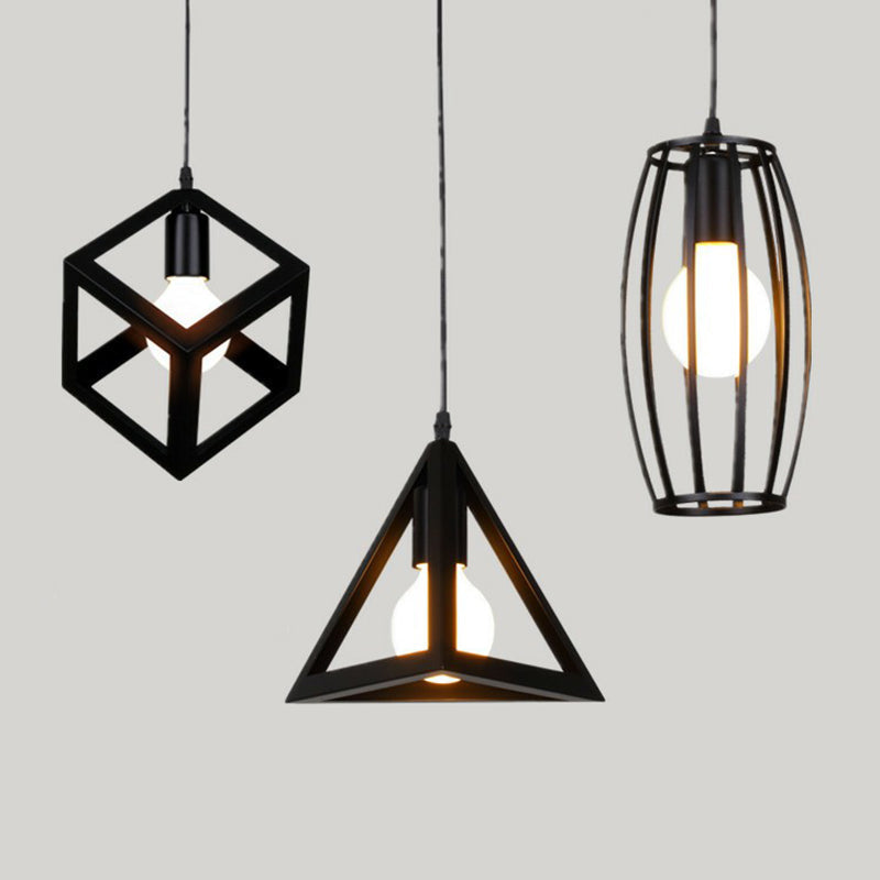 Vintage Geometric Pendant Ceiling Light Single-Bulb Metal Suspension Lamp in Black Clearhalo 'Art Deco Pendants' 'Black' 'Cast Iron' 'Ceiling Lights' 'Ceramic' 'Crystal' 'Industrial Pendants' 'Industrial' 'Metal' 'Middle Century Pendants' 'Pendant Lights' 'Pendants' 'Rustic Pendants' 'Tiffany' Lighting' 2294056