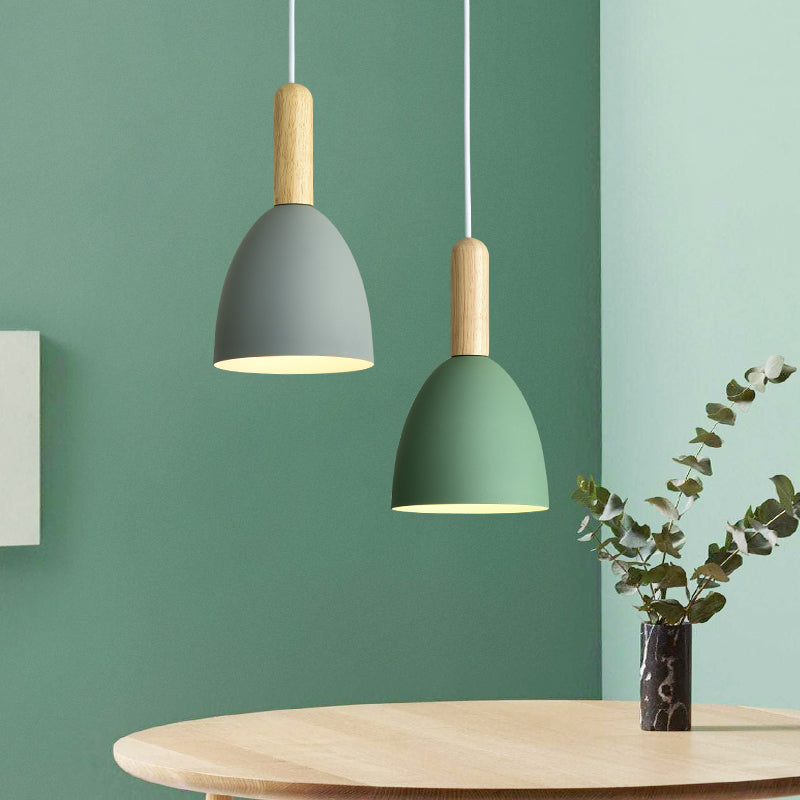 Metallic Bell Hanging Light Macaron 1-Head Down Lighting Pendant with Wooden Handle Clearhalo 'Ceiling Lights' 'Pendant Lights' 'Pendants' Lighting' 2294091