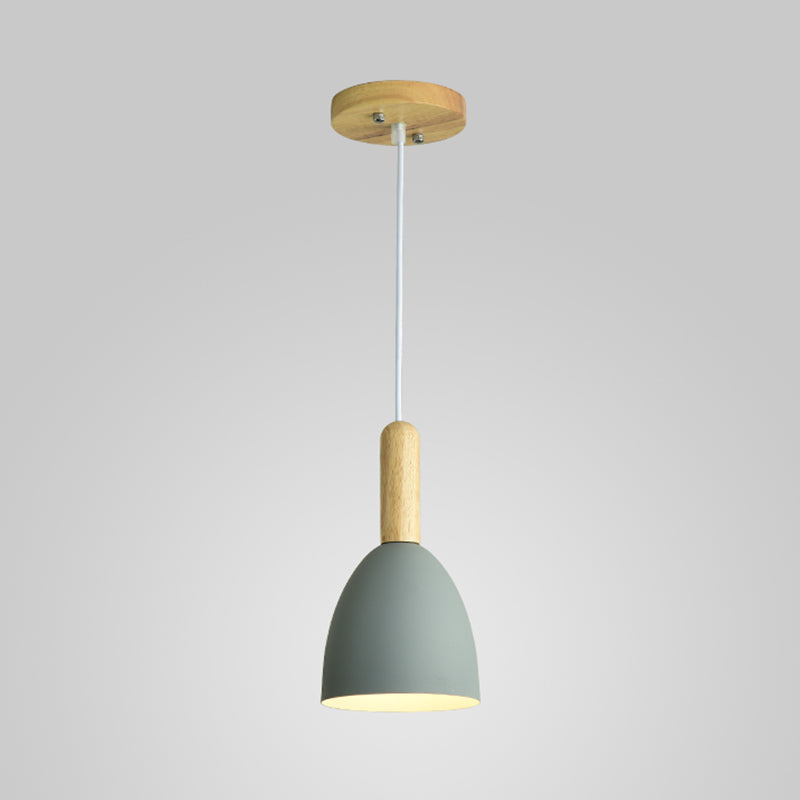 Metallic Bell Hanging Light Macaron 1-Head Down Lighting Pendant with Wooden Handle Clearhalo 'Ceiling Lights' 'Pendant Lights' 'Pendants' Lighting' 2294095