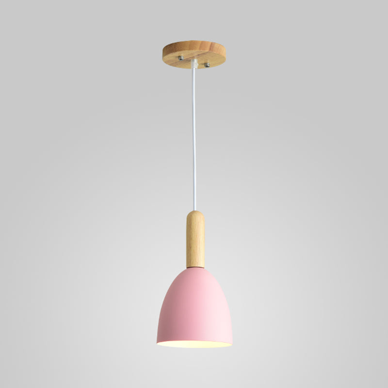 Metallic Bell Hanging Light Macaron 1-Head Down Lighting Pendant with Wooden Handle Clearhalo 'Ceiling Lights' 'Pendant Lights' 'Pendants' Lighting' 2294096