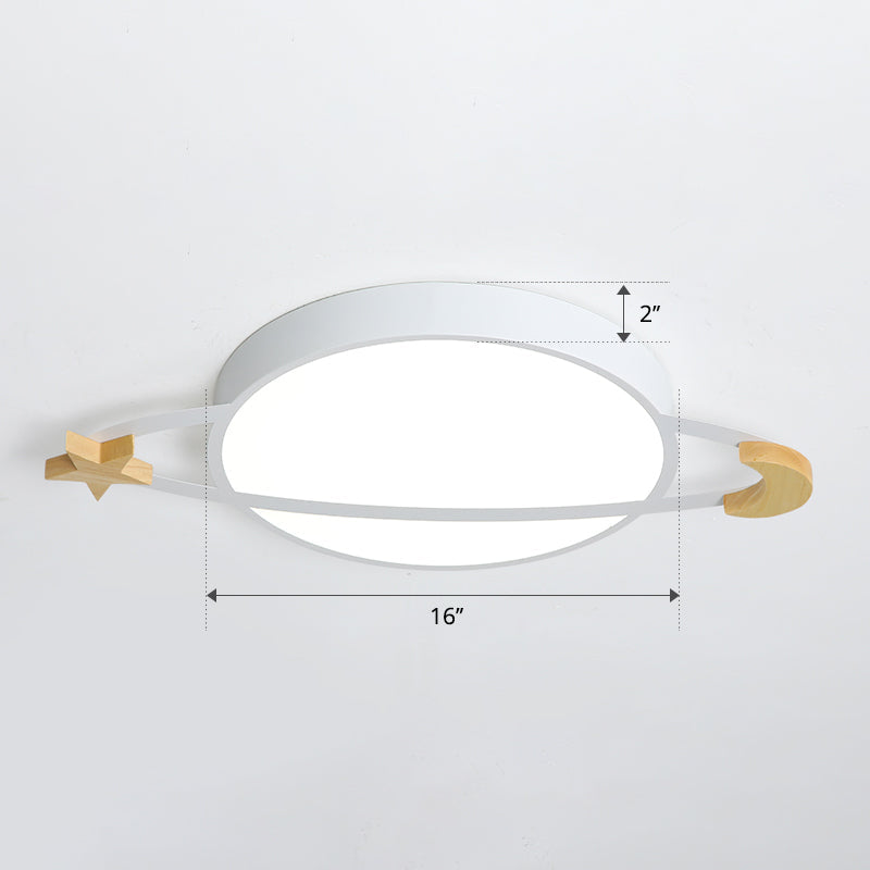 Ringed Planet LED Flushmount Light Childrens Acrylic White Ceiling Fixture with Wooden Moon and Star White 16