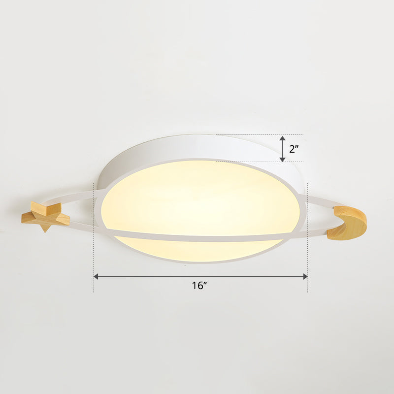 Ringed Planet LED Flushmount Light Childrens Acrylic White Ceiling Fixture with Wooden Moon and Star White 16