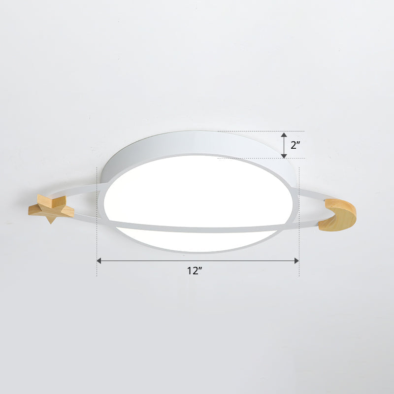 Ringed Planet LED Flushmount Light Childrens Acrylic White Ceiling Fixture with Wooden Moon and Star White 12