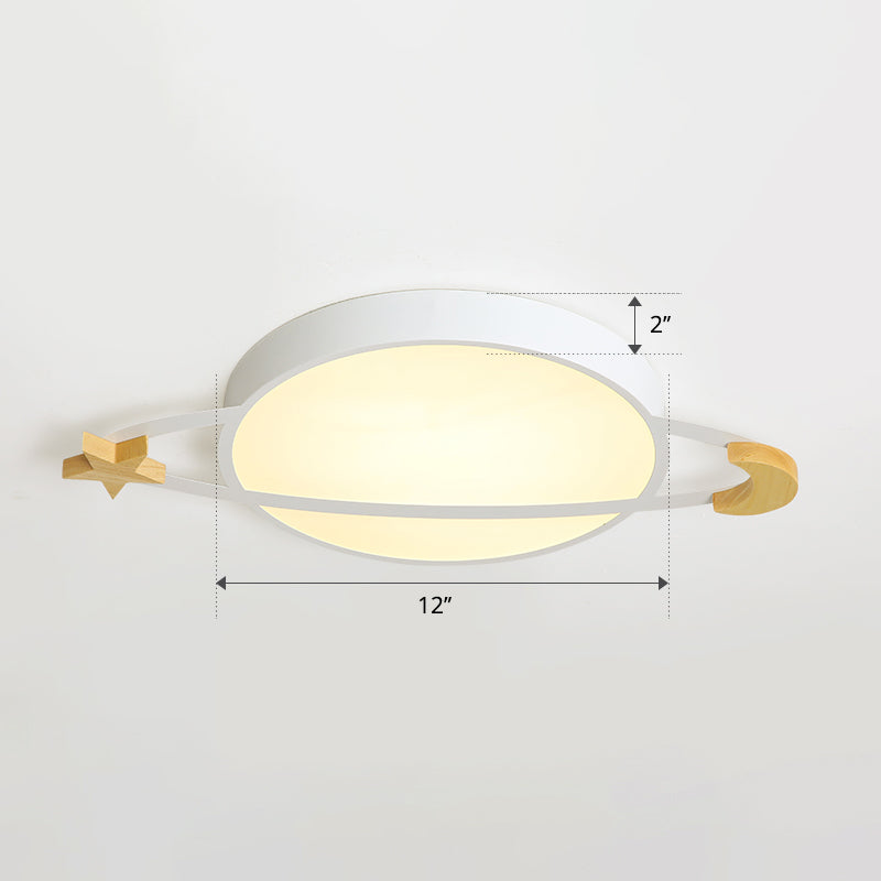 Ringed Planet LED Flushmount Light Childrens Acrylic White Ceiling Fixture with Wooden Moon and Star White 12