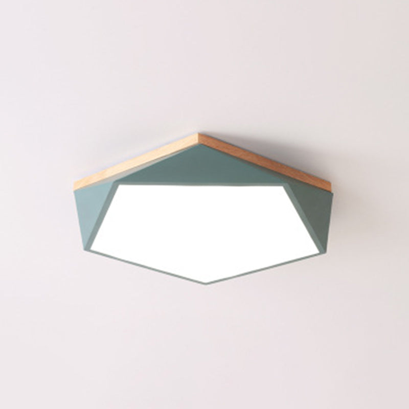 Geometric Bedroom Ceiling Mounted Light Acrylic Macaron LED Flush Mount Lighting with Wood Decoration Green 16.5