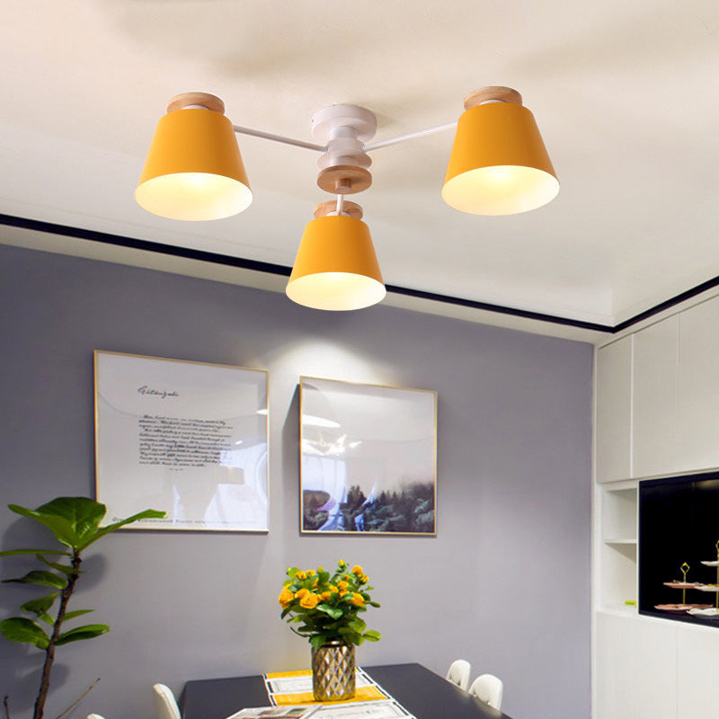 Tapered Flush Chandelier Lighting Macaron Metal Bedroom Semi Flush Light Fixture Yellow Clearhalo 'Ceiling Lights' 'Close To Ceiling Lights' 'Close to ceiling' 'Semi-flushmount' Lighting' 2294309