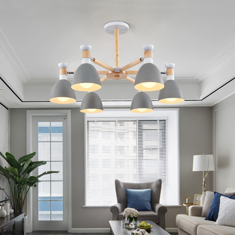 Macaron Style Bell Chandelier Lighting Metal Bedroom Hanging Light with Wooden Rod Clearhalo 'Ceiling Lights' 'Chandeliers' Lighting' options 2294340