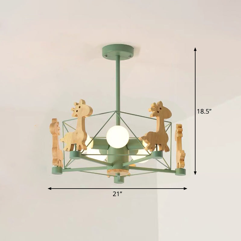 Macaron Cage Ceiling Pendant Light Metal 4-Head Bedroom Chandelier with Wooden Giraffe Deco Clearhalo 'Ceiling Lights' 'Chandeliers' Lighting' options 2294401