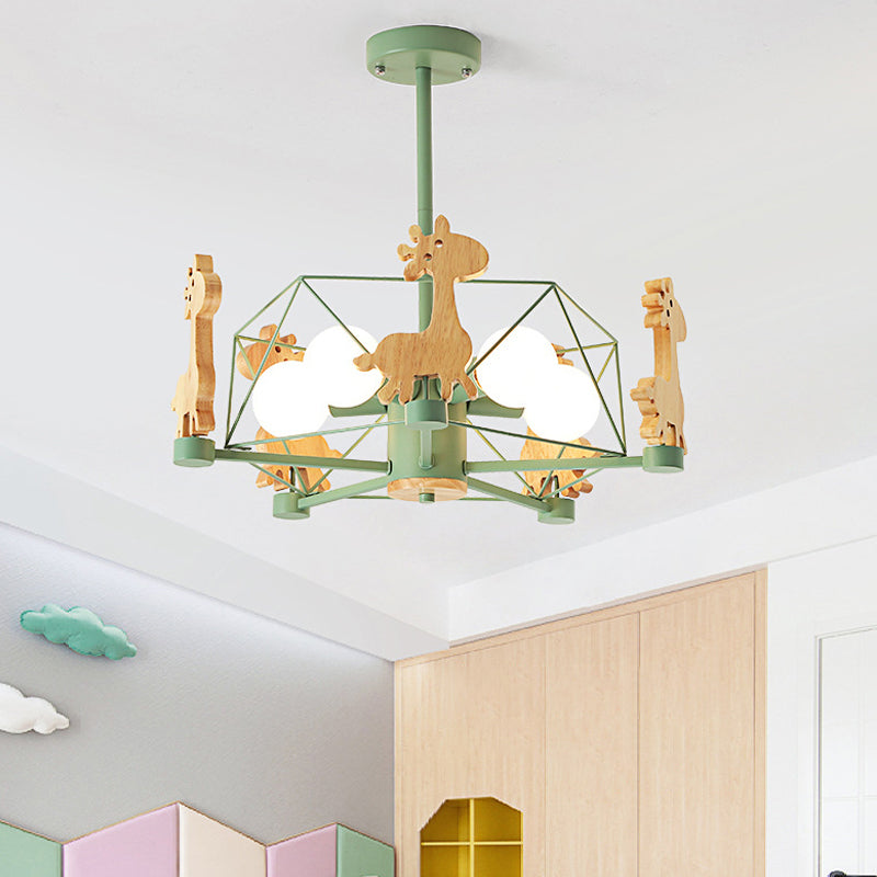 Macaron Cage Ceiling Pendant Light Metal 4-Head Bedroom Chandelier with Wooden Giraffe Deco Clearhalo 'Ceiling Lights' 'Chandeliers' Lighting' options 2294402