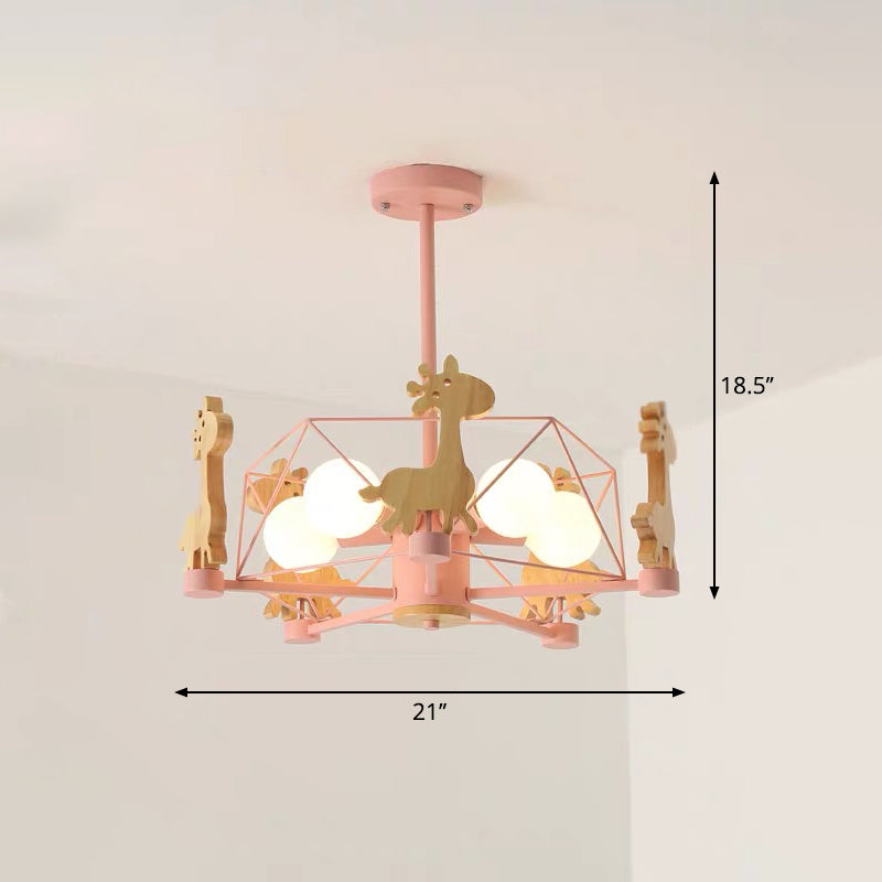 Macaron Cage Ceiling Pendant Light Metal 4-Head Bedroom Chandelier with Wooden Giraffe Deco Clearhalo 'Ceiling Lights' 'Chandeliers' Lighting' options 2294403