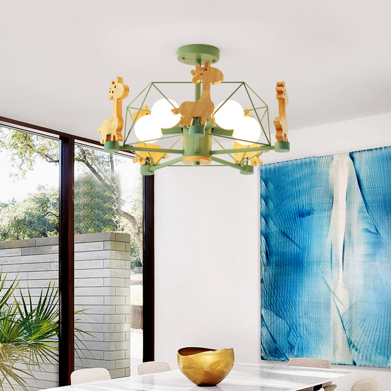 Macaron Cage Ceiling Pendant Light Metal 4-Head Bedroom Chandelier with Wooden Giraffe Deco Clearhalo 'Ceiling Lights' 'Chandeliers' Lighting' options 2294405