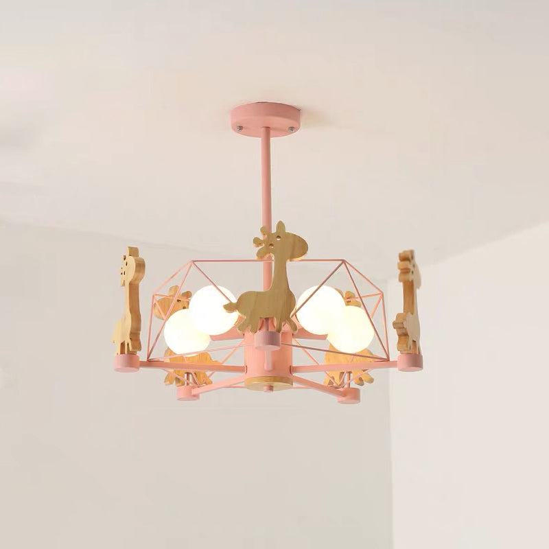 Giraffe Chandelier Cartoon Wooden Kindergarten Hanging Ceiling Light with Wire Cage Clearhalo 'Ceiling Lights' 'Chandeliers' Lighting' options 2294409