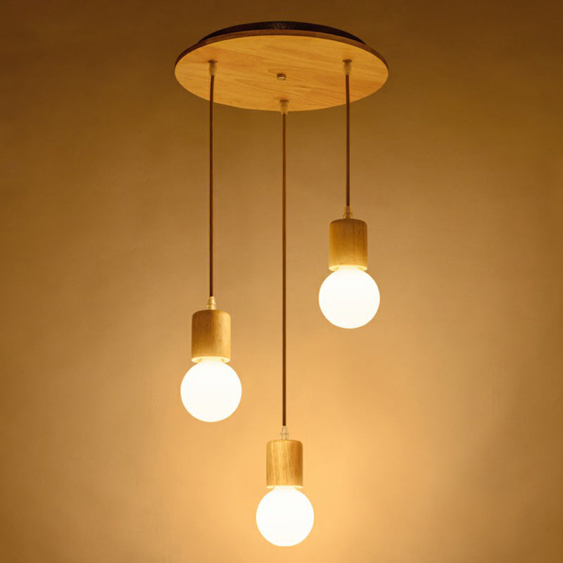 Wooden Bare Bulb Multiple Lamp Pendant Minimalist 3 Heads Beige Suspension Lighting Fixture Wood Round Clearhalo 'Ceiling Lights' 'Modern Pendants' 'Modern' 'Pendant Lights' 'Pendants' Lighting' 2294441