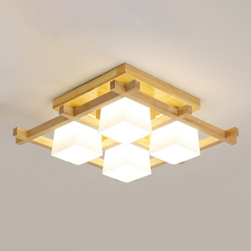 White Glass Cube Ceiling Flush Light Modern Style Semi Flush Mount Lighting with Wood Grid 4 Wood Clearhalo 'Ceiling Lights' 'Close To Ceiling Lights' 'Close to ceiling' 'Semi-flushmount' Lighting' 2294478