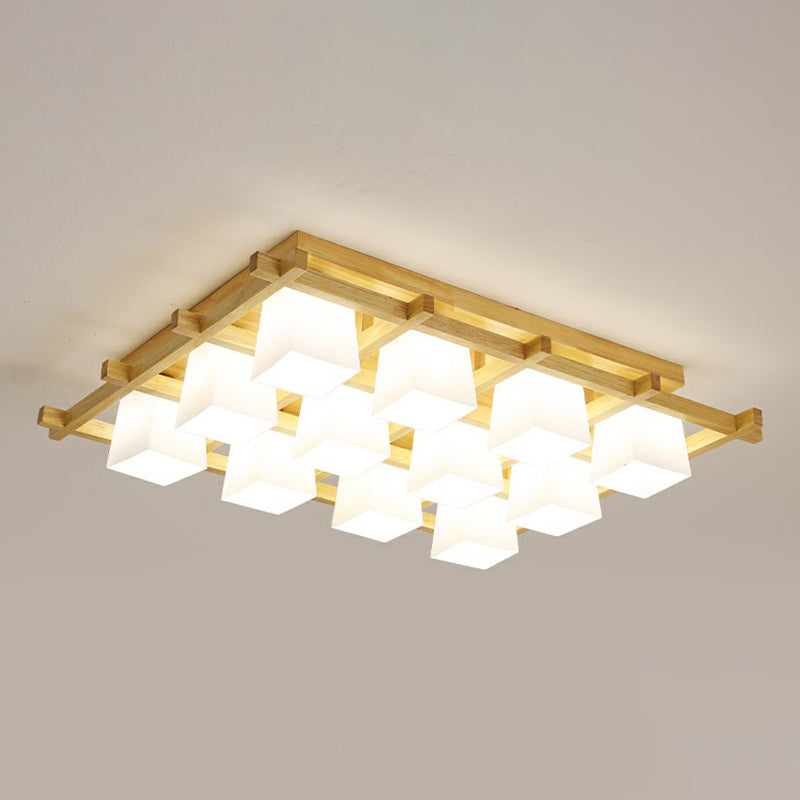 White Glass Cube Ceiling Flush Light Modern Style Semi Flush Mount Lighting with Wood Grid 12 Wood Clearhalo 'Ceiling Lights' 'Close To Ceiling Lights' 'Close to ceiling' 'Semi-flushmount' Lighting' 2294479