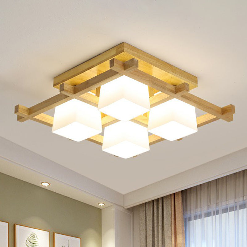 White Glass Cube Ceiling Flush Light Modern Style Semi Flush Mount Lighting with Wood Grid Clearhalo 'Ceiling Lights' 'Close To Ceiling Lights' 'Close to ceiling' 'Semi-flushmount' Lighting' 2294480