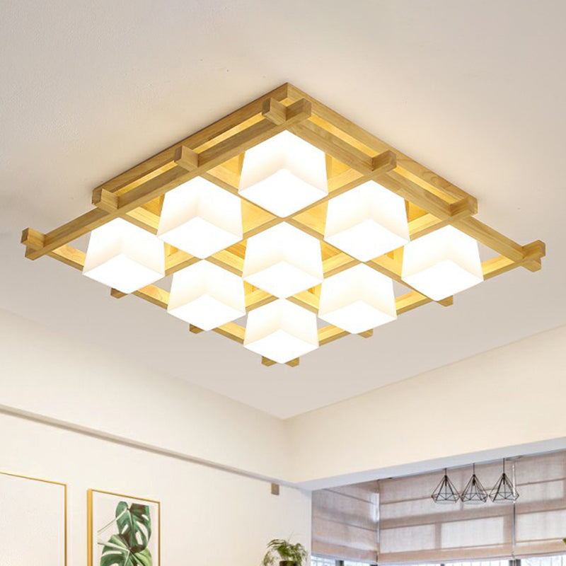 White Glass Cube Ceiling Flush Light Modern Style Semi Flush Mount Lighting with Wood Grid 9 Wood Clearhalo 'Ceiling Lights' 'Close To Ceiling Lights' 'Close to ceiling' 'Semi-flushmount' Lighting' 2294481