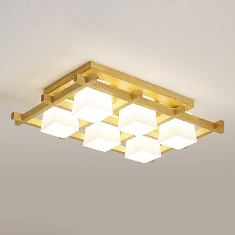 White Glass Cube Ceiling Flush Light Modern Style Semi Flush Mount Lighting with Wood Grid 6 Wood Clearhalo 'Ceiling Lights' 'Close To Ceiling Lights' 'Close to ceiling' 'Semi-flushmount' Lighting' 2294483