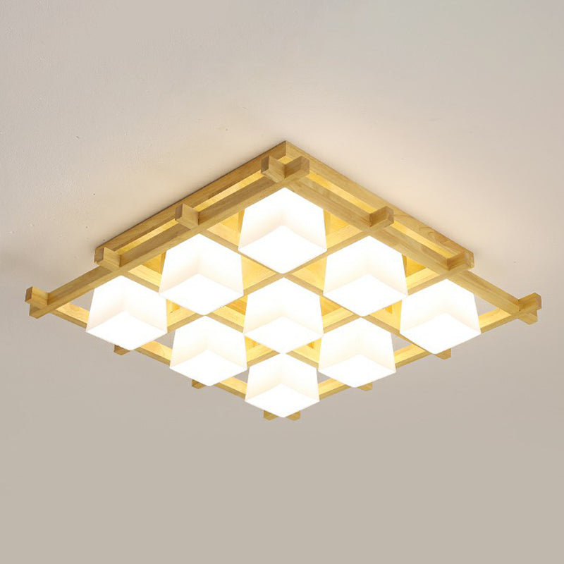 White Glass Cube Ceiling Flush Light Modern Style Semi Flush Mount Lighting with Wood Grid Clearhalo 'Ceiling Lights' 'Close To Ceiling Lights' 'Close to ceiling' 'Semi-flushmount' Lighting' 2294485