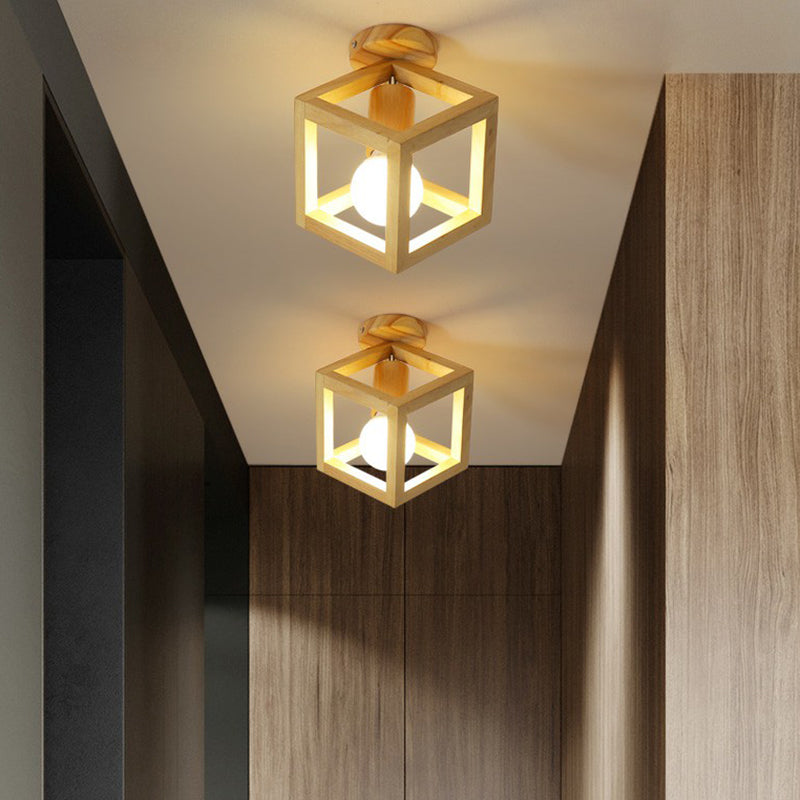 Geometric Corridor Small Flush-Mount Light Wooden 1 Head Modern Ceiling Light Fixture Clearhalo 'Ceiling Lights' 'Close To Ceiling Lights' 'Close to ceiling' 'Semi-flushmount' Lighting' 2294486