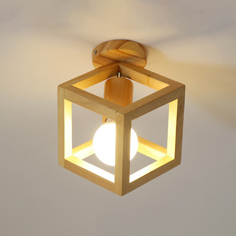 Geometric Corridor Small Flush-Mount Light Wooden 1 Head Modern Ceiling Light Fixture Wood Square Clearhalo 'Ceiling Lights' 'Close To Ceiling Lights' 'Close to ceiling' 'Semi-flushmount' Lighting' 2294487