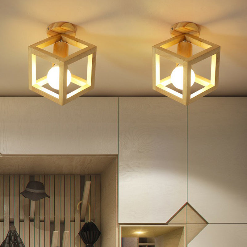 Geometric Corridor Small Flush-Mount Light Wooden 1 Head Modern Ceiling Light Fixture Clearhalo 'Ceiling Lights' 'Close To Ceiling Lights' 'Close to ceiling' 'Semi-flushmount' Lighting' 2294491