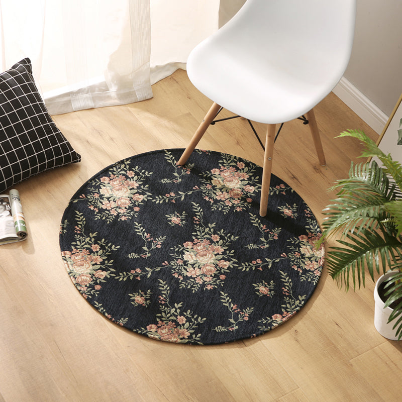 Multi-Colored Country Rug Polyster Plant Print Area Carpet Anti-Slip Backing Pet Friendly Indoor Rug for Bedroom Black 4'7