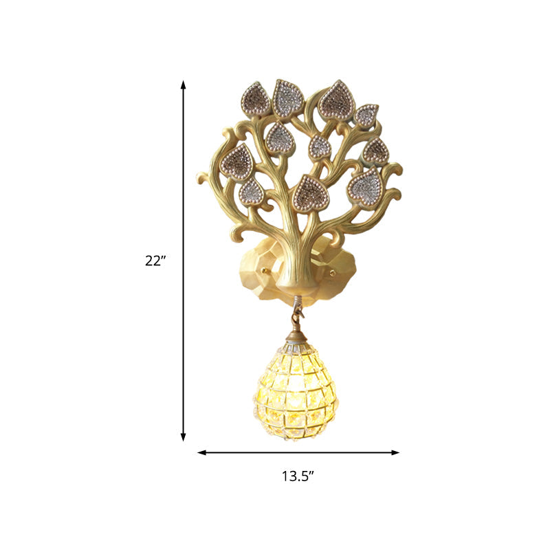 Water Drop/Globe Resin Sconce Light Country 1 Bulb Indoor Wall Lighting Fixture with Tree Backplate Clearhalo 'Wall Lamps & Sconces' 'Wall Lights' Lighting' 230038