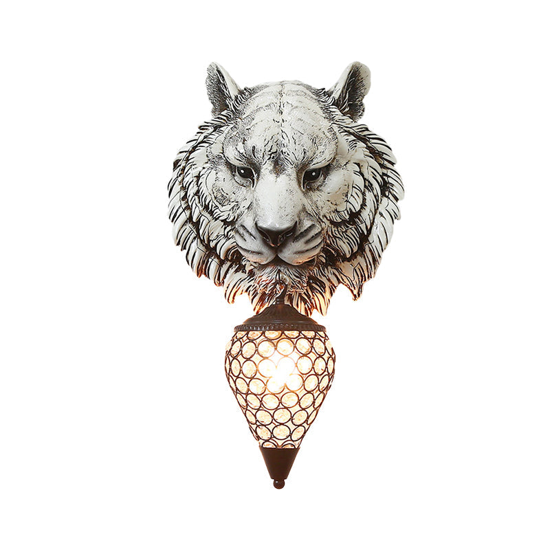 Tiger Corridor Wall Light Fixture Rustic Resin 1 Light Grey Sconce Lamp with Teardrop Crystal Shade Clearhalo 'Wall Lamps & Sconces' 'Wall Lights' Lighting' 230083