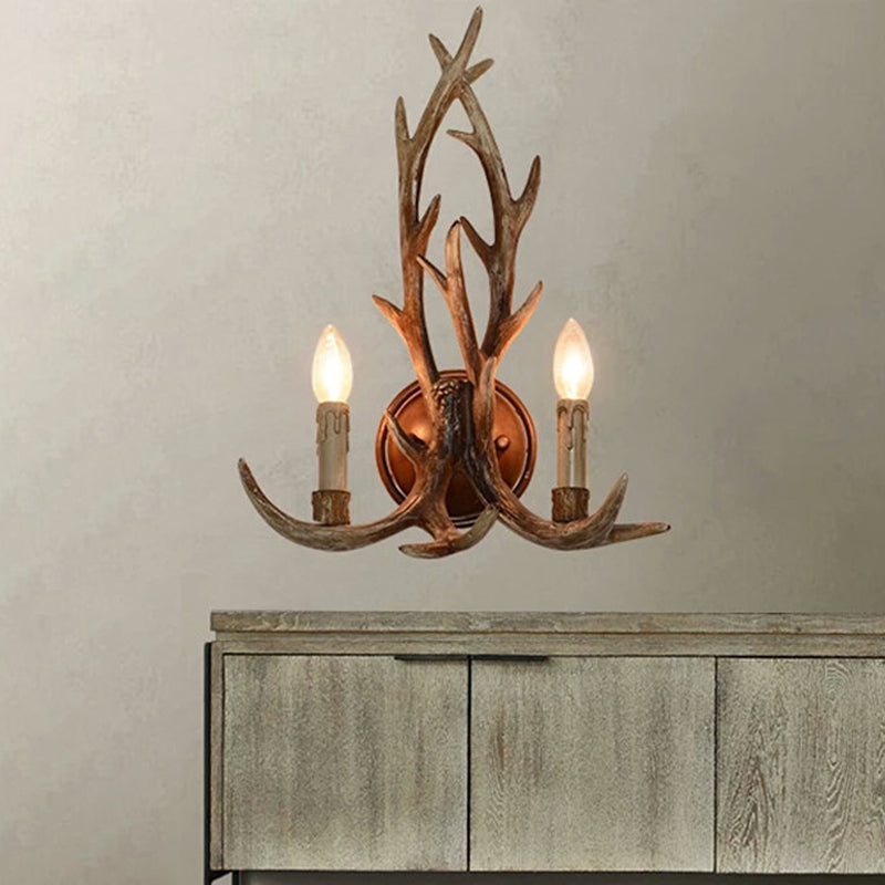 Resin Wood Sconce Lamp Open Bulb 1-Light Traditional Wall Mounted Lighting for Indoor with Antler Backplate Wood Clearhalo 'Wall Lamps & Sconces' 'Wall Lights' Lighting' 230249