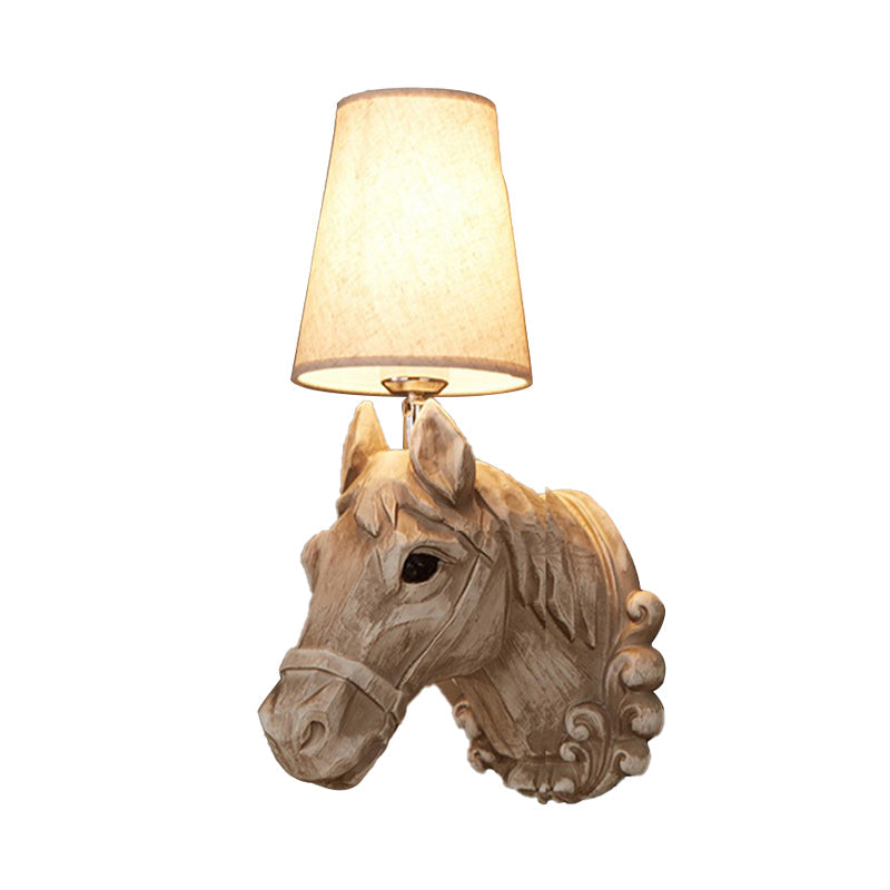 1 Light Wall Lamp Lighting Traditional Horse Resin Sconce Light Fixture in Light Brown with Tapered Fabric Shade Clearhalo 'Wall Lamps & Sconces' 'Wall Lights' Lighting' 230316