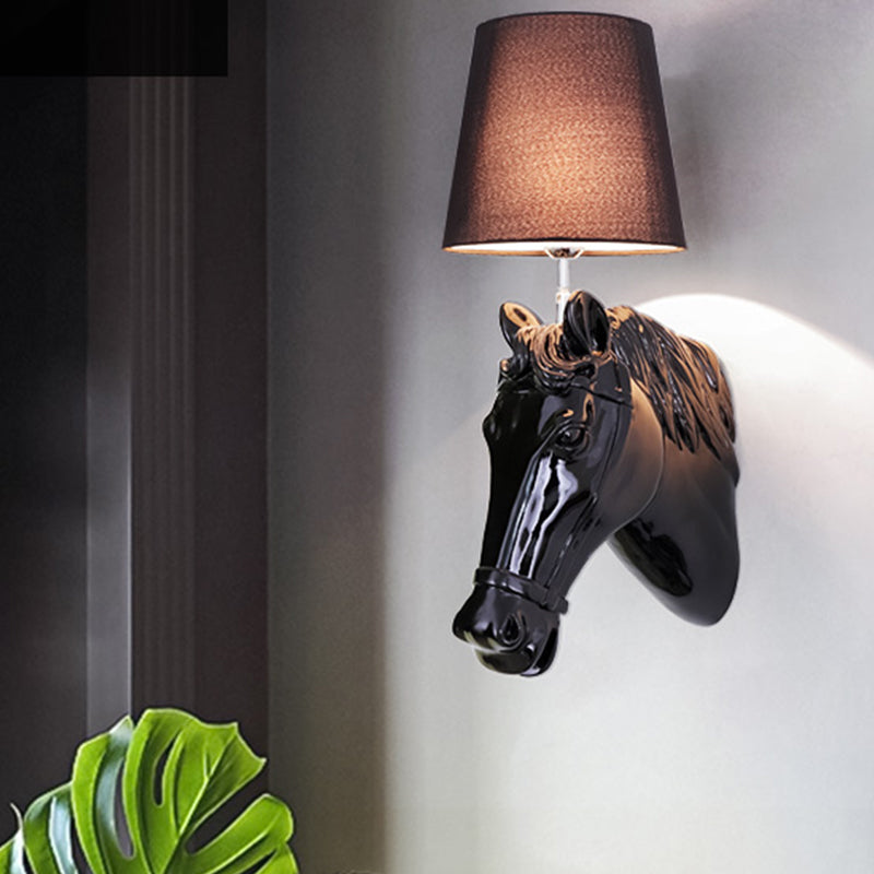 1 Bulb Horse Sconce Lamp Classic Black/White Resin Wall Mounted Light with Cone Fabric Shade Black Clearhalo 'Wall Lamps & Sconces' 'Wall Lights' Lighting' 230319