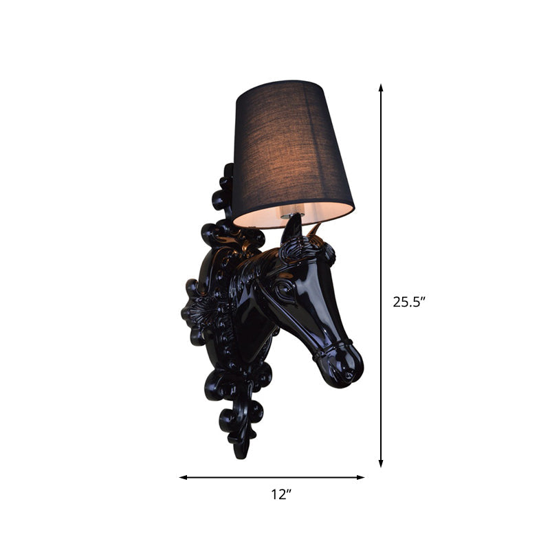 1 Bulb Horse Sconce Lamp Classic Black/White Resin Wall Mounted Light with Cone Fabric Shade Clearhalo 'Wall Lamps & Sconces' 'Wall Lights' Lighting' 230322
