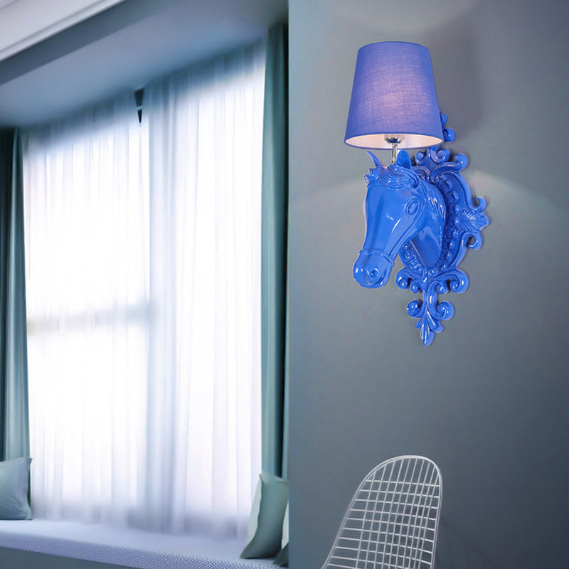 Resin Blue Sconce Light Fixture Horse Head 1-Light Classic Wall Mounted Lighting with Fabric Shade Clearhalo 'Wall Lamps & Sconces' 'Wall Lights' Lighting' 230327