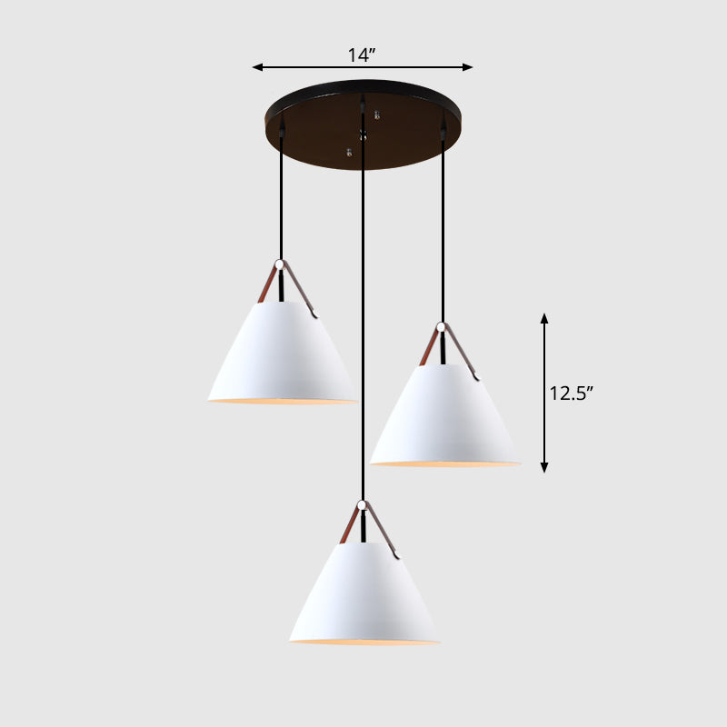 Nordic 3 Lights Cluster Pendant Conical Hanging Light with Metal Shade and Leather Strap Clearhalo 'Ceiling Lights' 'Pendant Lights' 'Pendants' Lighting' 2307415