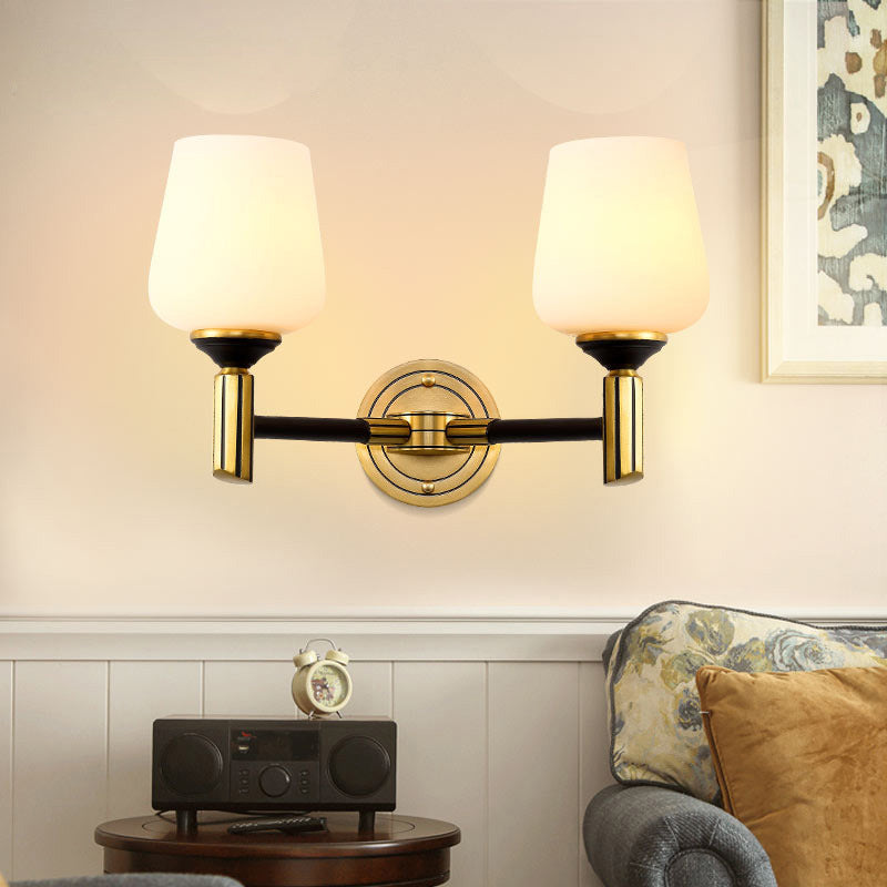 Vintage Conical Wall Light 1/2-Head Frosted Glass Wall Sconce Lighting in Black-Gold for Foyer Clearhalo 'Wall Lamps & Sconces' 'Wall Lights' Lighting' 230778