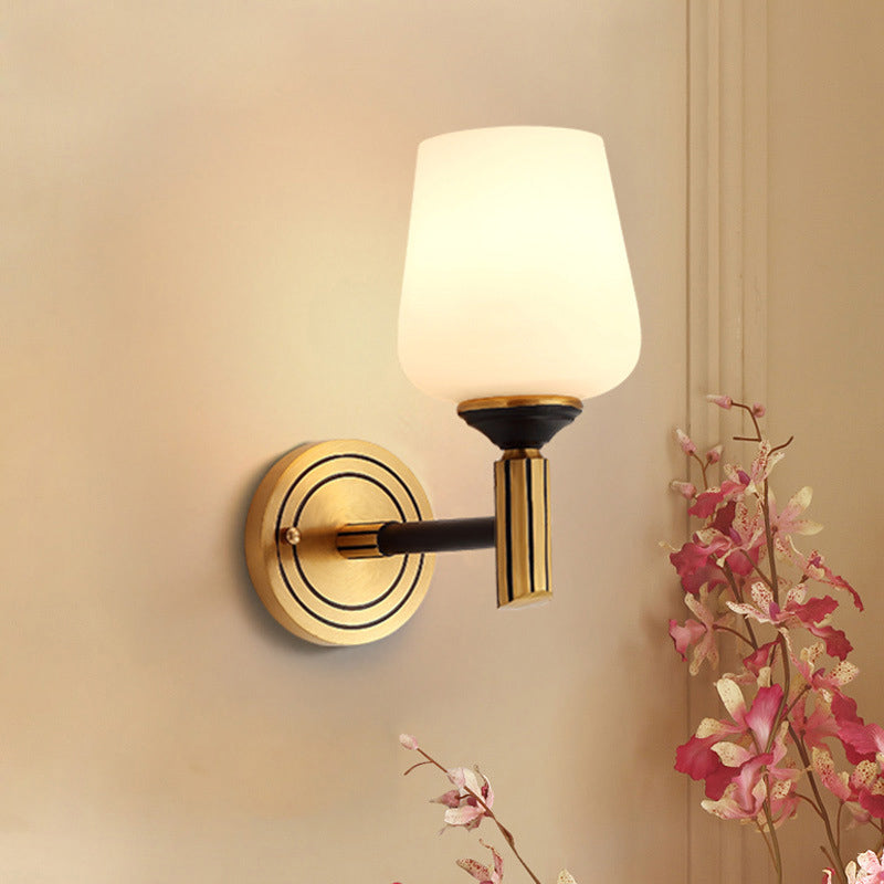 Vintage Conical Wall Light 1/2-Head Frosted Glass Wall Sconce Lighting in Black-Gold for Foyer Clearhalo 'Wall Lamps & Sconces' 'Wall Lights' Lighting' 230784