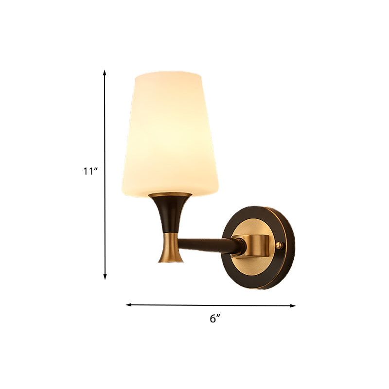 Tapered Bedroom Wall Lighting Retro Frosted Glass 1/2-Light Black Wall Sconce Light with Metal Clean-Lined Arm Clearhalo 'Wall Lamps & Sconces' 'Wall Lights' Lighting' 230974