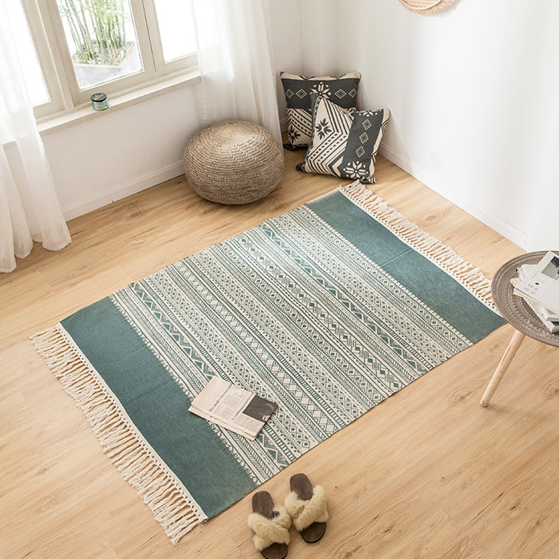 Multi Colored Decoration Rug Bohemian Geometric Print Indoor Rug Jute Easy Care Pet Friendly Area Carpet with Fringe Green 3'11