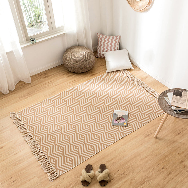 Multi Colored Decoration Rug Bohemian Geometric Print Indoor Rug Jute Easy Care Pet Friendly Area Carpet with Fringe Camel 3'11