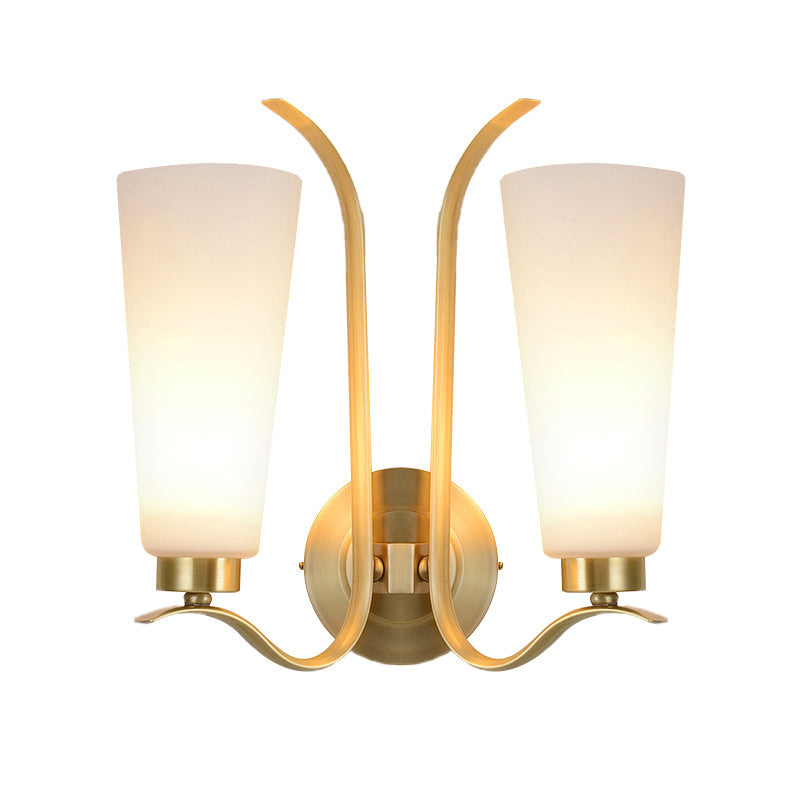 White Glass Brass Wall Lamp Cone 2-Light Vintage Wall Light Sconce with Metal Swooping Arm for Porch Clearhalo 'Wall Lamps & Sconces' 'Wall Lights' Lighting' 230991