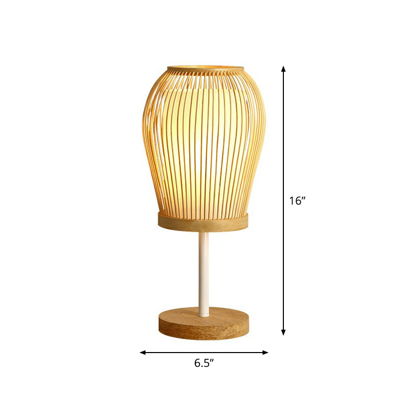 Wood Cage Night Lamp Nordic Single-Bulb Bamboo Table Light with Fabric Inner Shade Wood 16